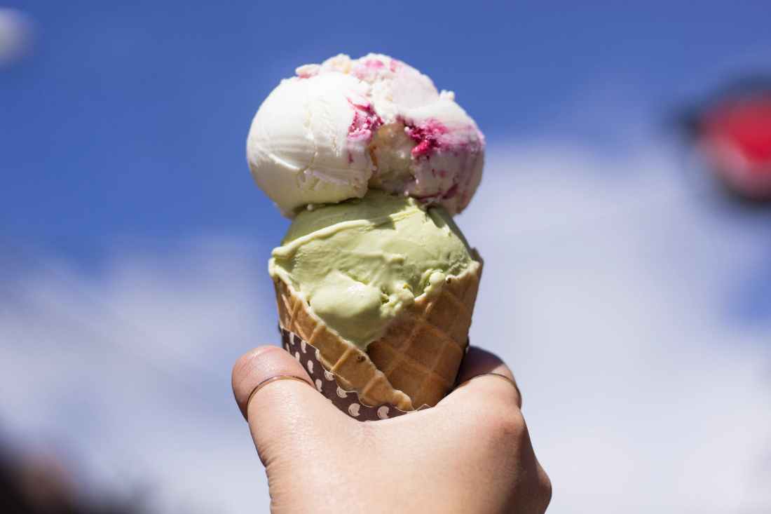 person holding ice cream with cone